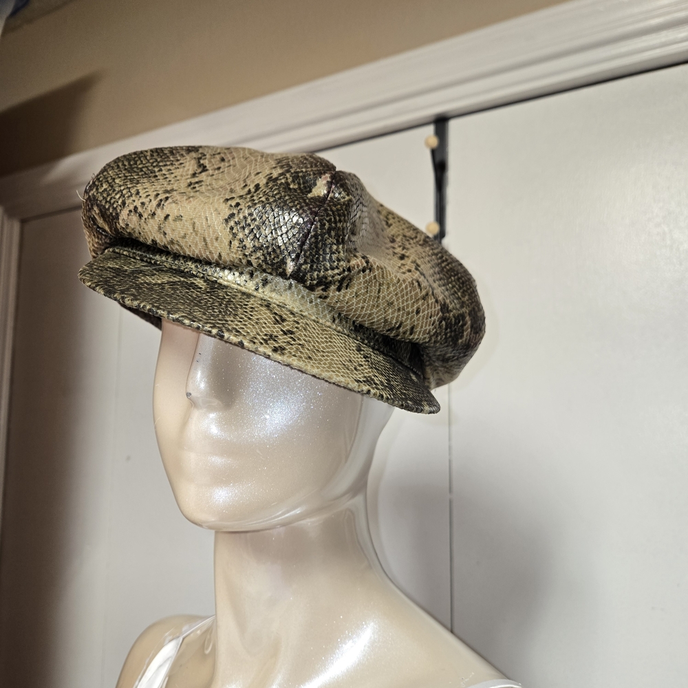 Vintage Snakeskin Print Newsboy Hat Olive Green Brown Tan Baker Boy Cap - Picture 2 of 12